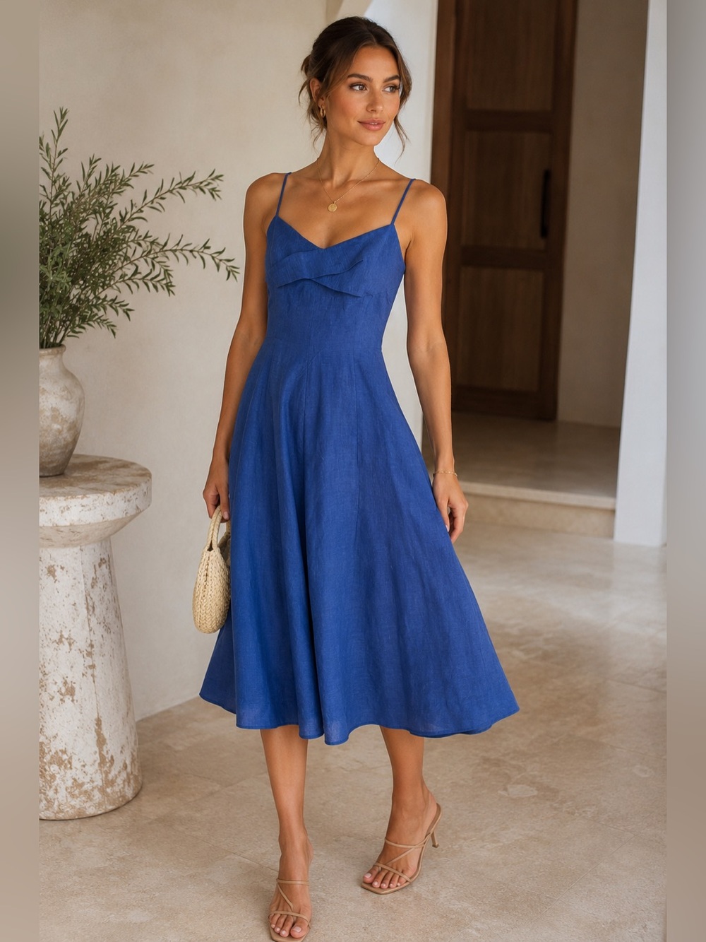 Muse by Marchesa Royal Blue Spaghetti Strap Linen Midi Dress size 12